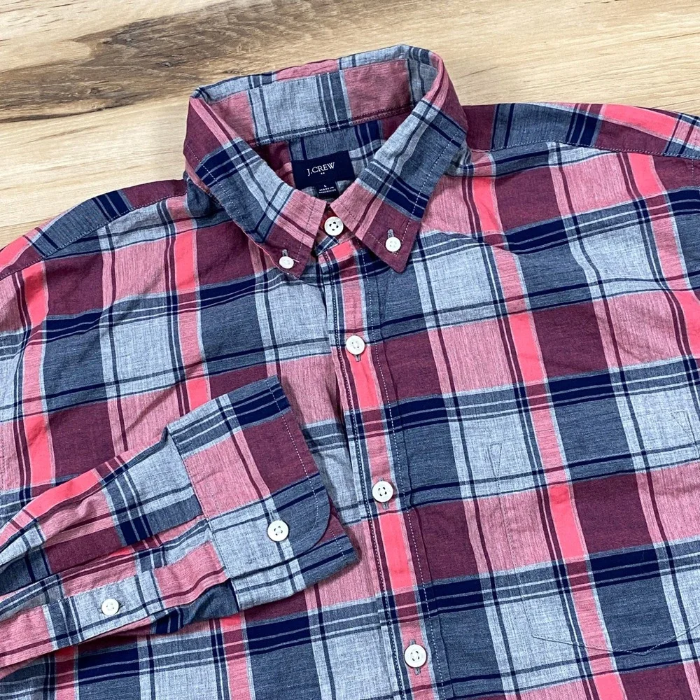 J. Crew Button Down Shirt Mens Large Classic Plaid 100% Cotton Pink Navy Grey